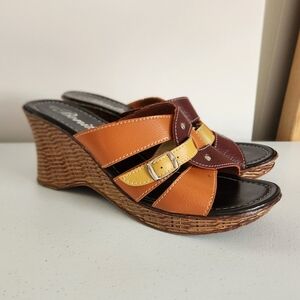Y2K Open Toe Wedges Sandals Shoes Orange Rattan Vintage Size 7 Boho Bohemian